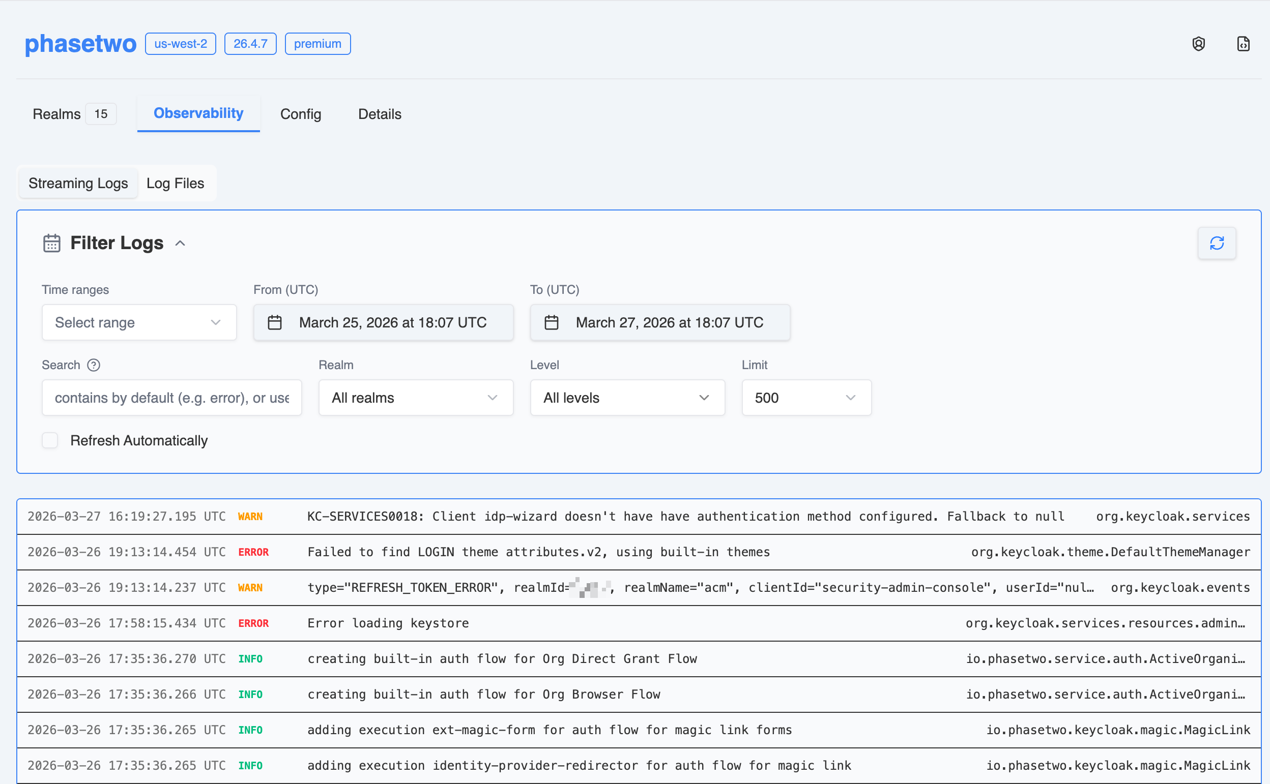 Phase Two Dash - Cluster Observability Stream Logs